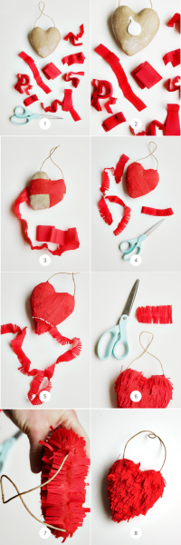 DIY Fringe 3-D Heart. Easy to make by simply covering paper mache hearts.
