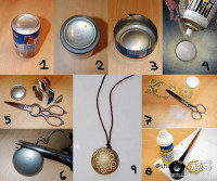 The cans transformed into retro necklace, required items: cans, glue, rope, patterned paper.