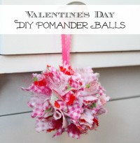 DIY Valentine’s Day Pomander Balls Tutorial 

Materials:
60-2 inch x 2 inch fabric squares cut, using pinking shears, from coordinating fabric
1-2 inch Styrofoam ball
Hot glue gun with additional glue sticks
Pencil