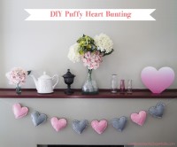 DIY Puffy Heart Bunting

  You will need: 

  -A few pieces of felt in different colours
   – Scissors
    – Thick needles
    – Wool or thick cotton
   – Cushion stuffing
  – Heart cut-out (download link in source url)