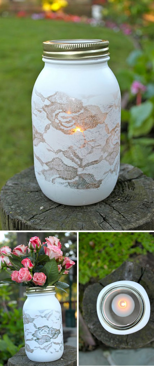 DIY Spray paint over lace mason jar vase