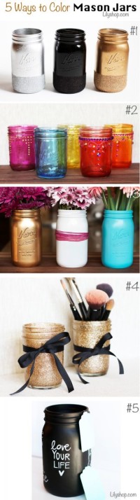 5 Ways to Color Mason Jars.  Master bathroom makeup holders
